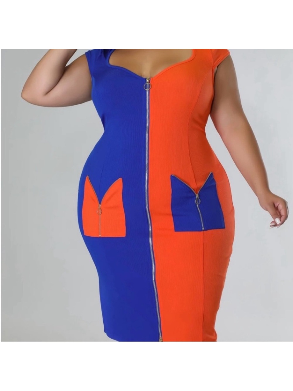 Colorblock Zip-Front Bodycon Dress - Blue & Orange